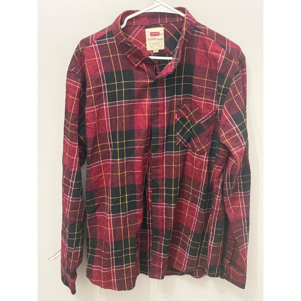 Levi's Men's Plaid Flannel Button Down Shirt Red Black Yellow Checked Large